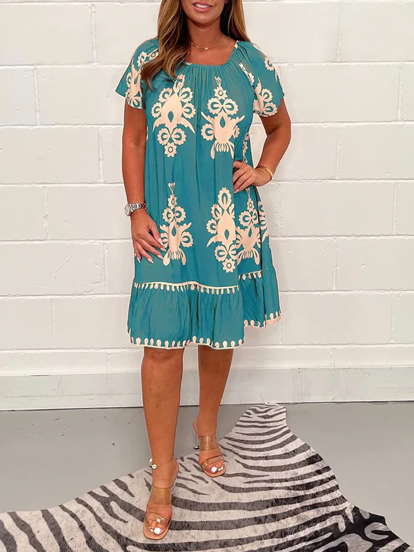 【S-5XL】Rochie cu decolteu pătrat și diverse imprimeuri geometrice