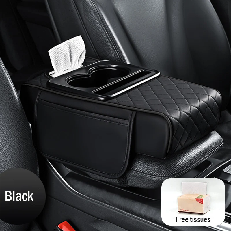🚗Univerzální kožená podložka na loketní opěrku do auta 4 v 1 ✅ Vestavěný box na kapesníky ✅ Držák na sklenice