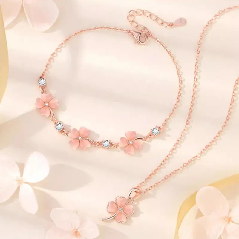 💖【Colier + Brățară】🍀💎Set colier și brățară din argint 925 cu trifoi cu patru foi