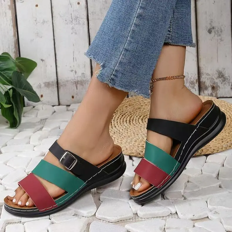 【36-43】 Sandale cu pană contrastante pentru femei Sandale confortabile cu curea la gleznă