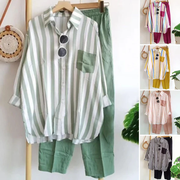 🌸【S-5XL】Neues gestreiftes Frühlingsset, zweiteiliges Set mit langen Ärmeln und Hose.