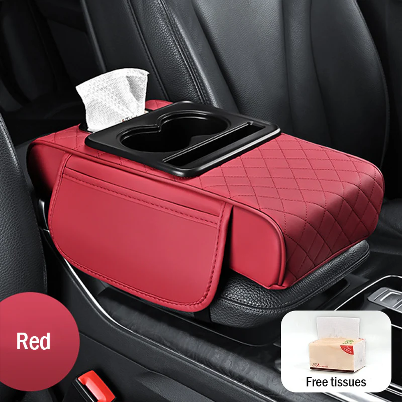 🚗Univerzální kožená podložka na loketní opěrku do auta 4 v 1 ✅ Vestavěný box na kapesníky ✅ Držák na sklenice