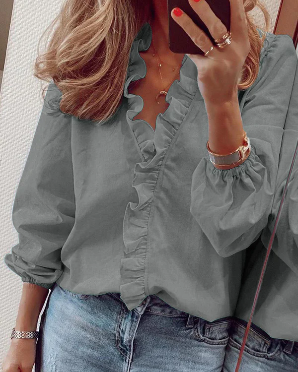 🌿✨ Bluză de damă – Primăvară/Vară, Mânecă lungă, Design cu volane, Elegantă și ușoară 📦
