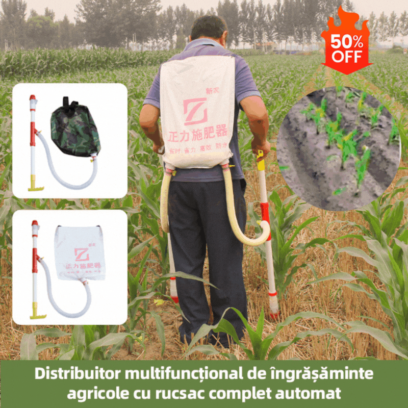 Dispozitiv automat de împrăștiere a îngrășămintelor agricole multifuncțional, tip rucsac
