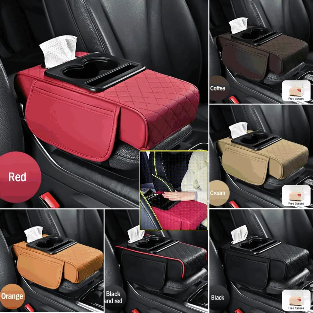 🚗Univerzální kožená podložka na loketní opěrku do auta 4 v 1 ✅ Vestavěný box na kapesníky ✅ Držák na sklenice