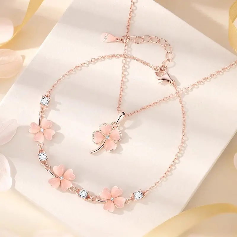 💖【Colier + Brățară】🍀💎Set colier și brățară din argint 925 cu trifoi cu patru foi