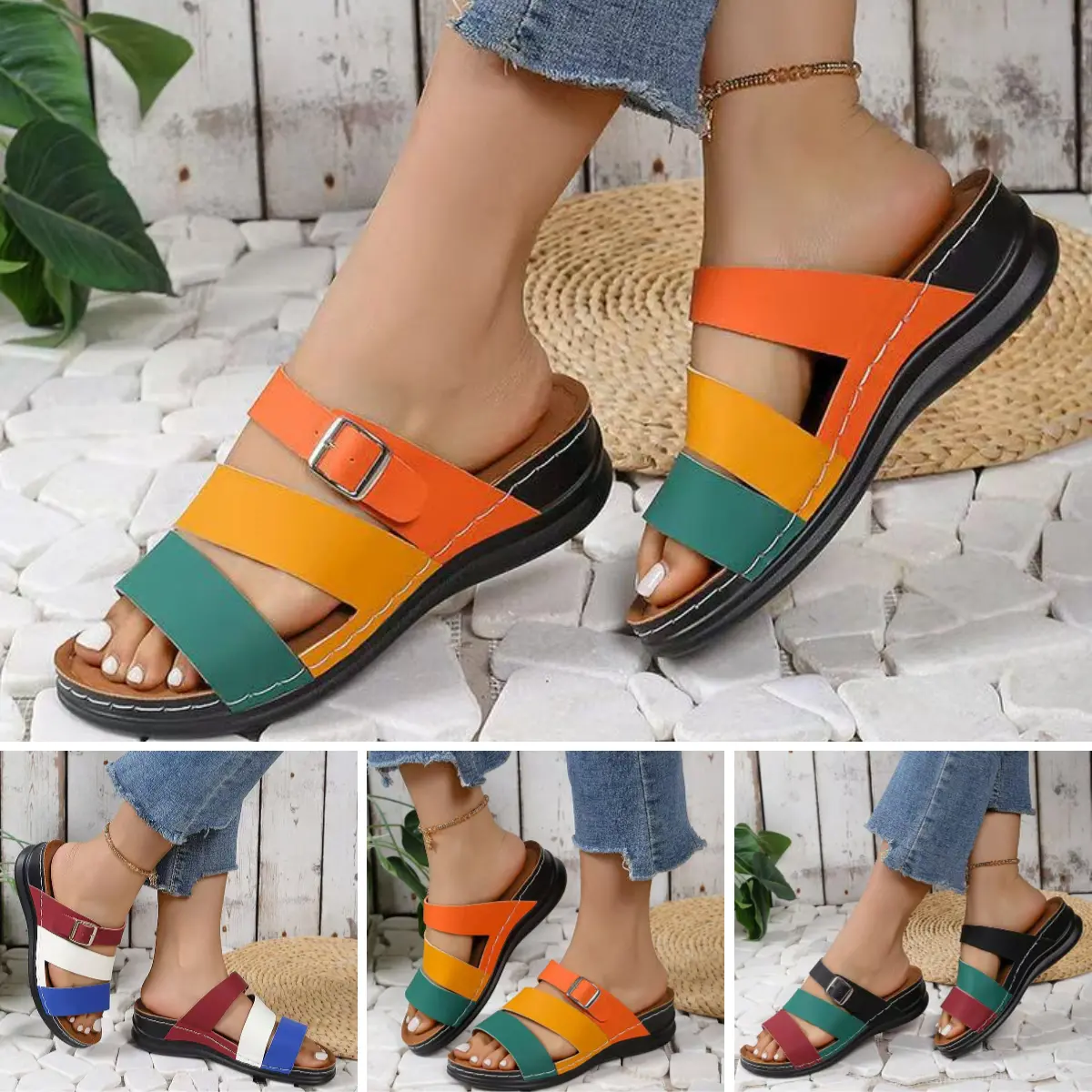 【36-43】 Sandale cu pană contrastante pentru femei Sandale confortabile cu curea la gleznă