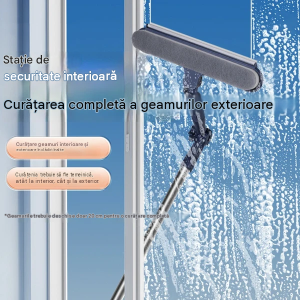 Curățător de geamuri 2 în 1 cu două fețe și mâner extensibil pentru curățarea geamurilor din clădiri înalte.