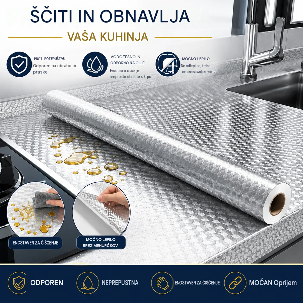 ♨️♨️【40 cm * 12 m】 Odstranljiva samolepilna aluminijasta folija – odporna na maščobo, toploto in enostavna za čiščenje
