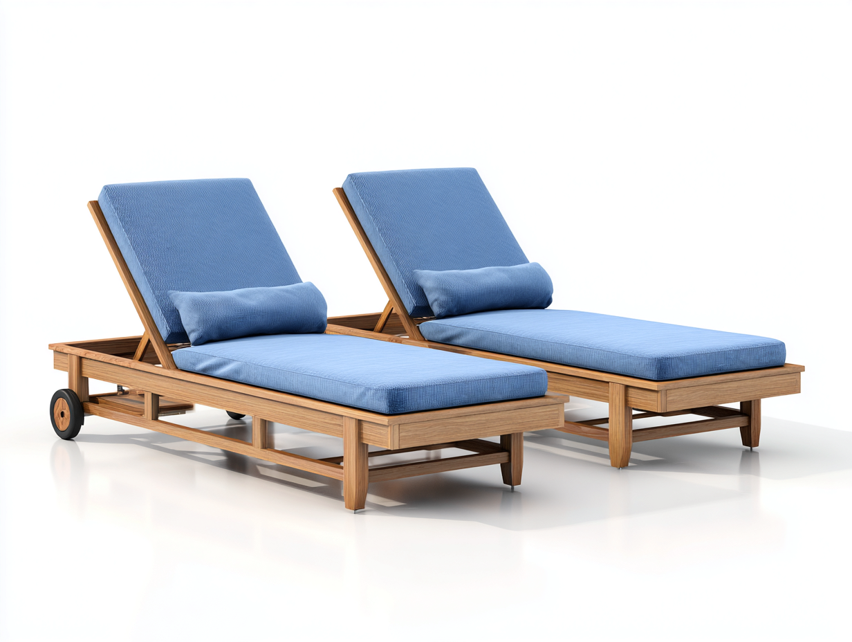 Tumbonas madera con ruedas y cojín 2 piezas 195x65x90 cm - madera-azul - diseño ajustable-Jalokahome