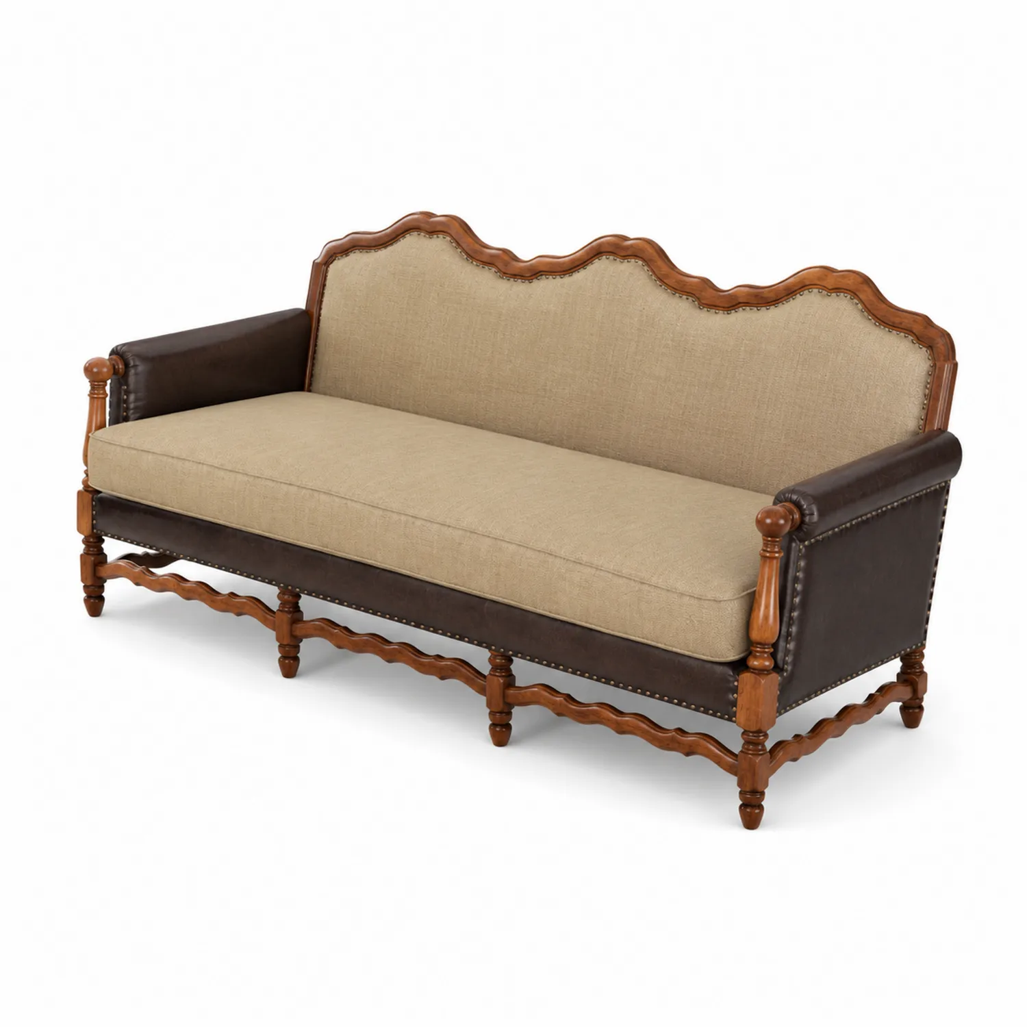 Divano a tre posti in legno, tessuto e pelle PU marrone/beige