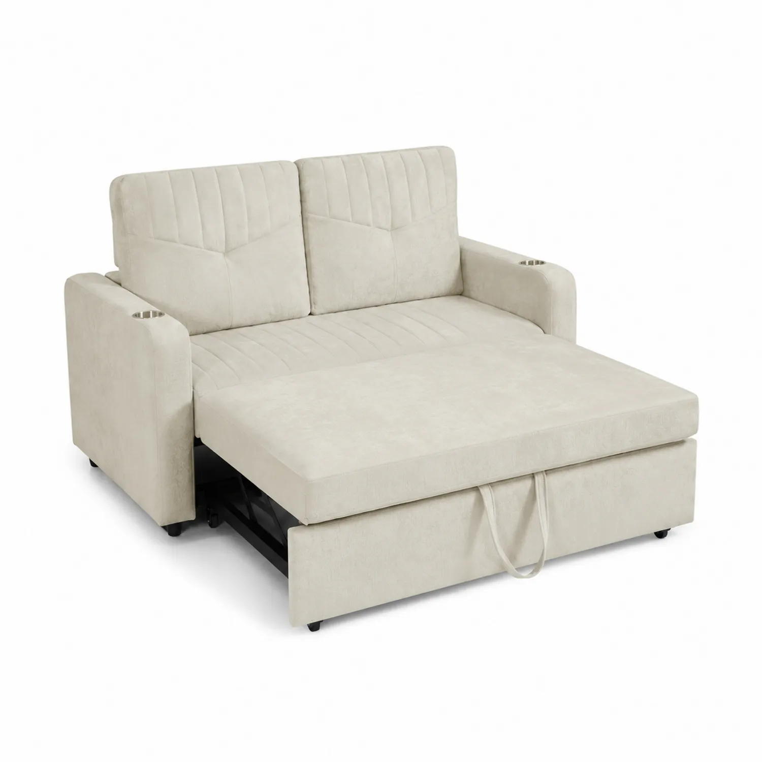 Divano Letto Due Posti in Tessuto Beige con Porta Tazze