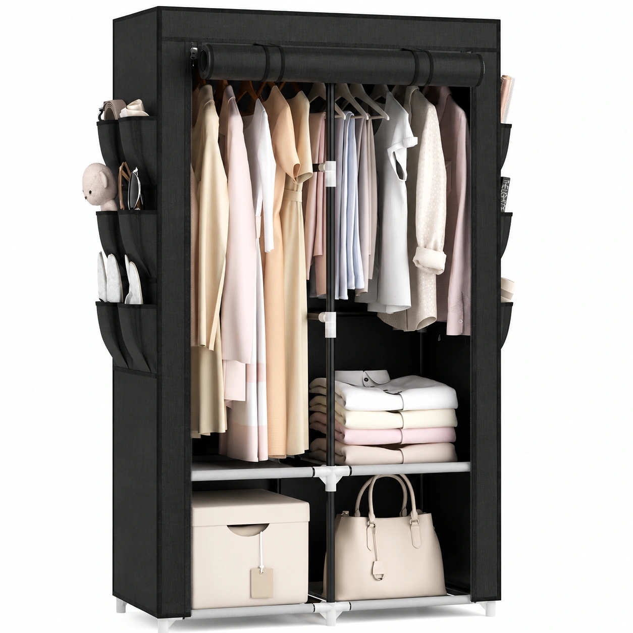Leichter fkleiderschra mit Ablagen, Kleiderstangen und Taschen, Stabiler Garderobenschra mit Abdeckung, Schwarz-Urbanfique