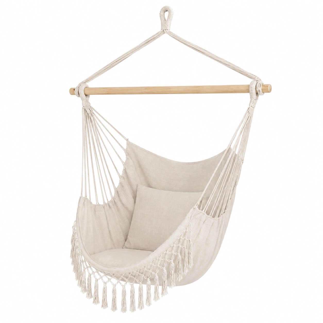 Grosser Beige Hangesessel mit Kissen und Taschen - Fur drinnen und draussen-Urbanfique