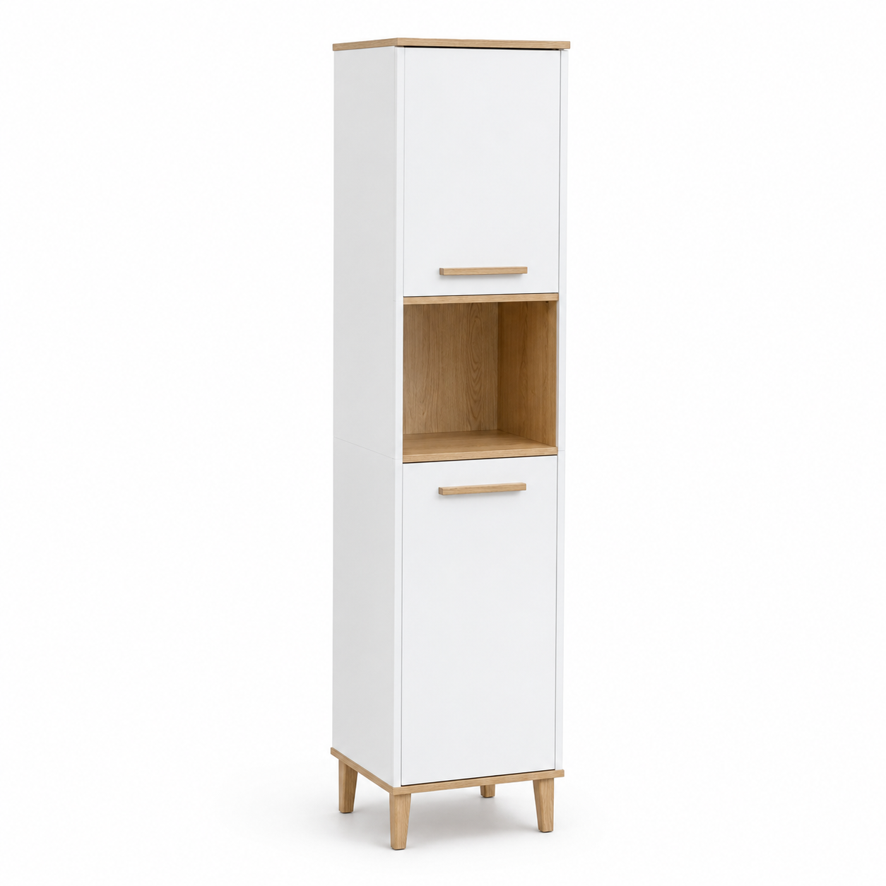 Bad Hochschrank Weiß Eiche 40x35x180 cm mit Wäschefach und offenen Nischen