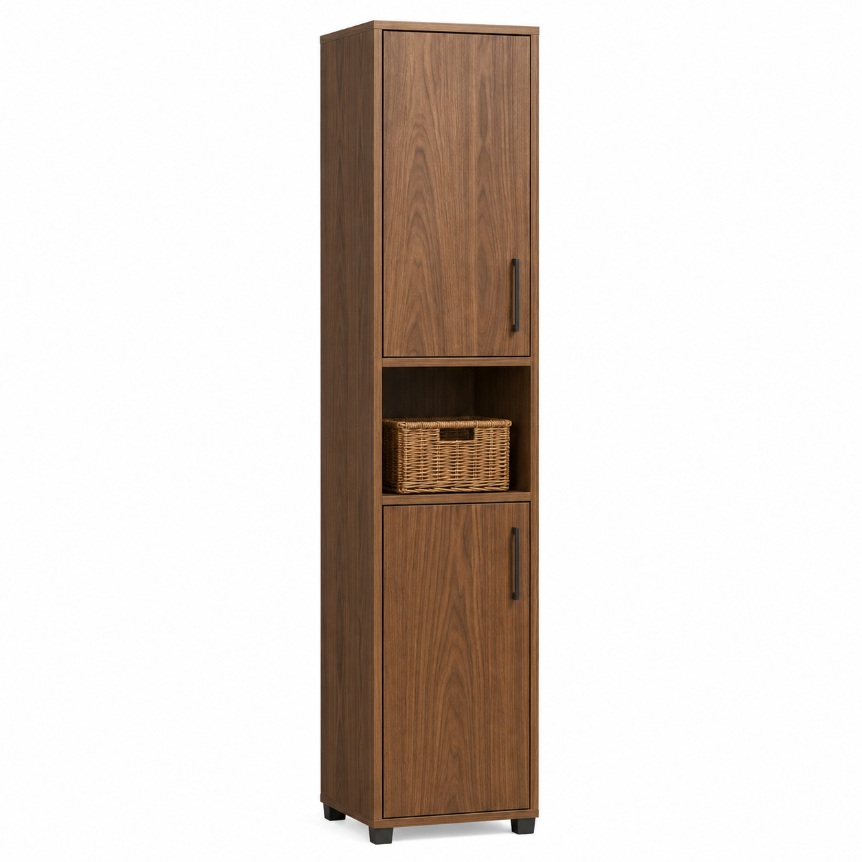 Bad Hochschrank Nussbaum 40x34x185 cm mit Korbfach und Türen