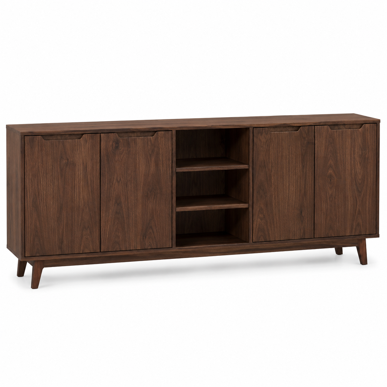 Sideboard Nussbaum Dunkel 200x45x82 cm mit vier Türen und offenen Fächern