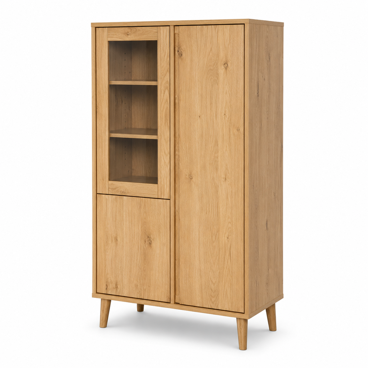 Schmales Highboard Eiche Natur 80x38x140 cm mit Glasvitrine und Türen