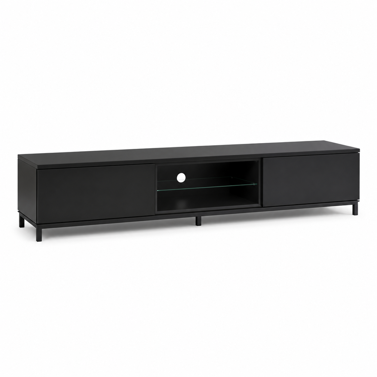 TV Lowboard Schwarz 180x40x48 cm mit Glasfach und Push to Open