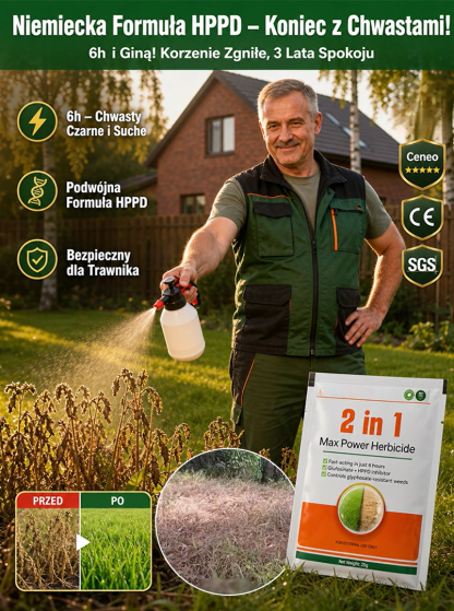 Niemiecki 2w1 Środek Chwastobójczy (6h Niszczy Korzenie, Bezpieczny dla Trawy) | -80% SALE + Płatność przy Odbiorze