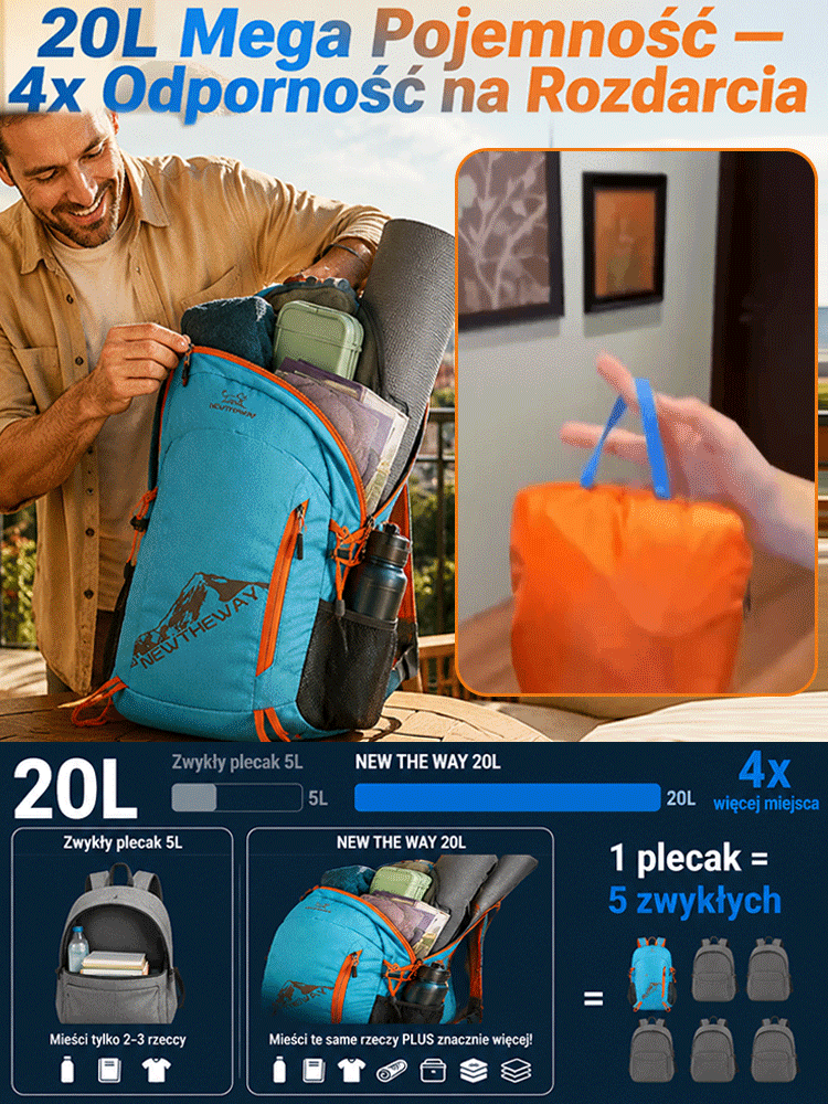 🎒Ultralekki, składany plecak turystyczny o bardzo dużej pojemności 20 l, nie wymaga odprawy!