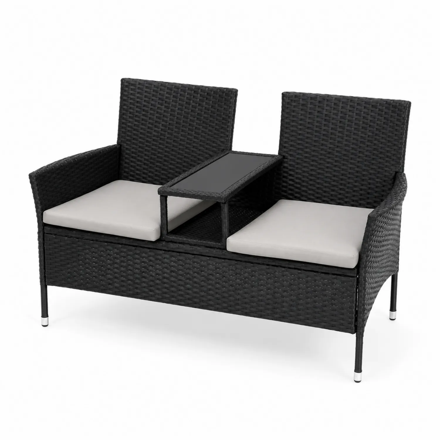 Divano da giardino in rattan con tavolino e cuscini