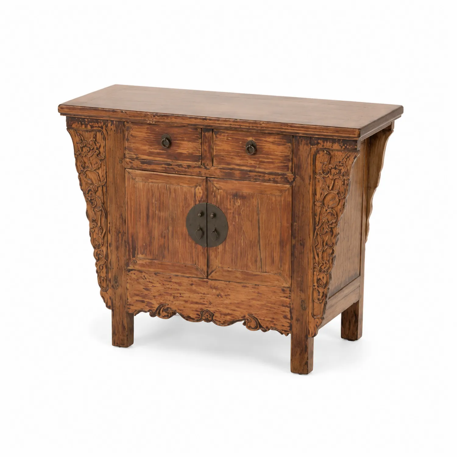 Credenza in Legno d'Olmo Massiccio con Intagli 2 Cassetti 2 Ante Marrone 100x40x85 cm
