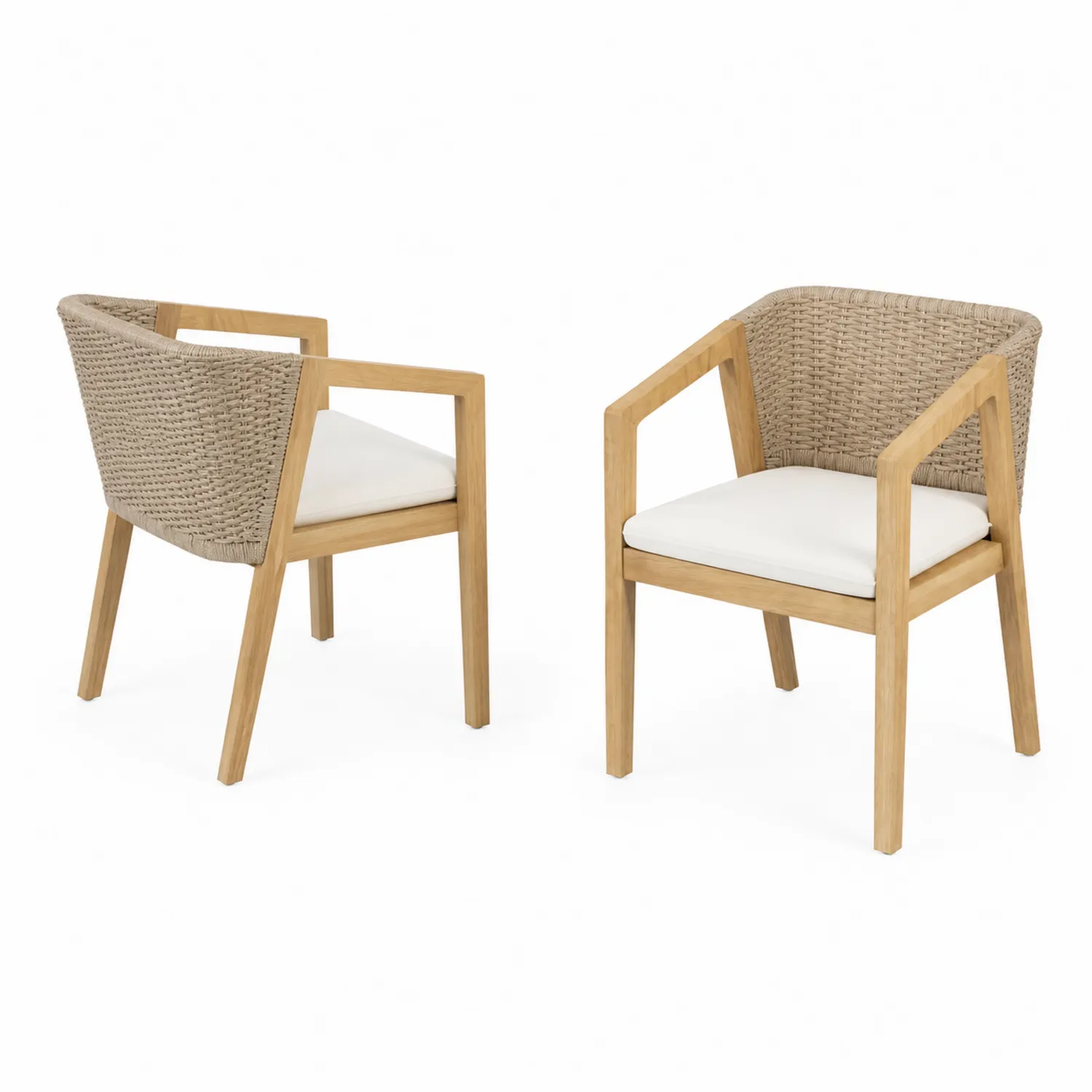 Set di Due Sedie da Giardino in Legno e Rattan Sintetico con Cuscino Bianco
