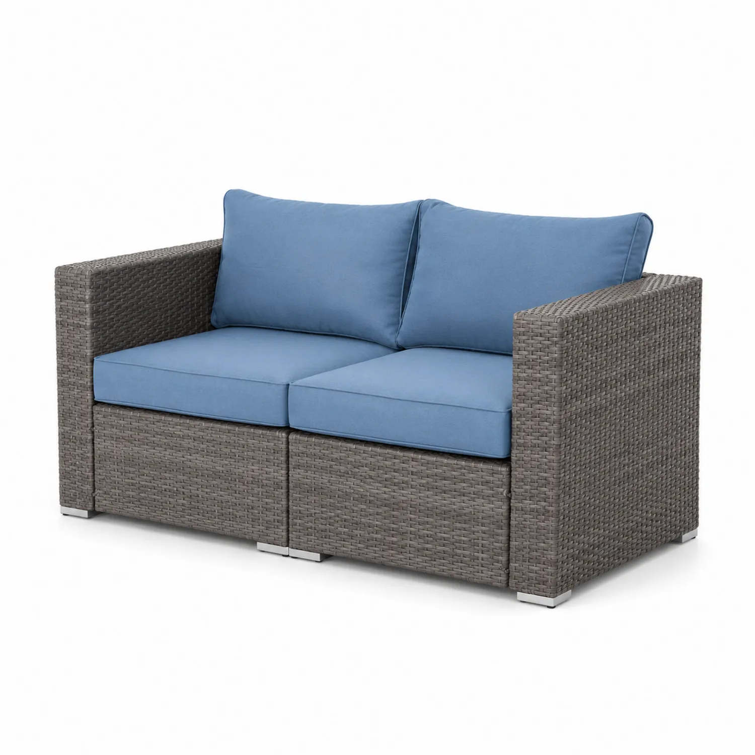 Divano a due posti in rattan sintetico con cuscini in poliestere blu