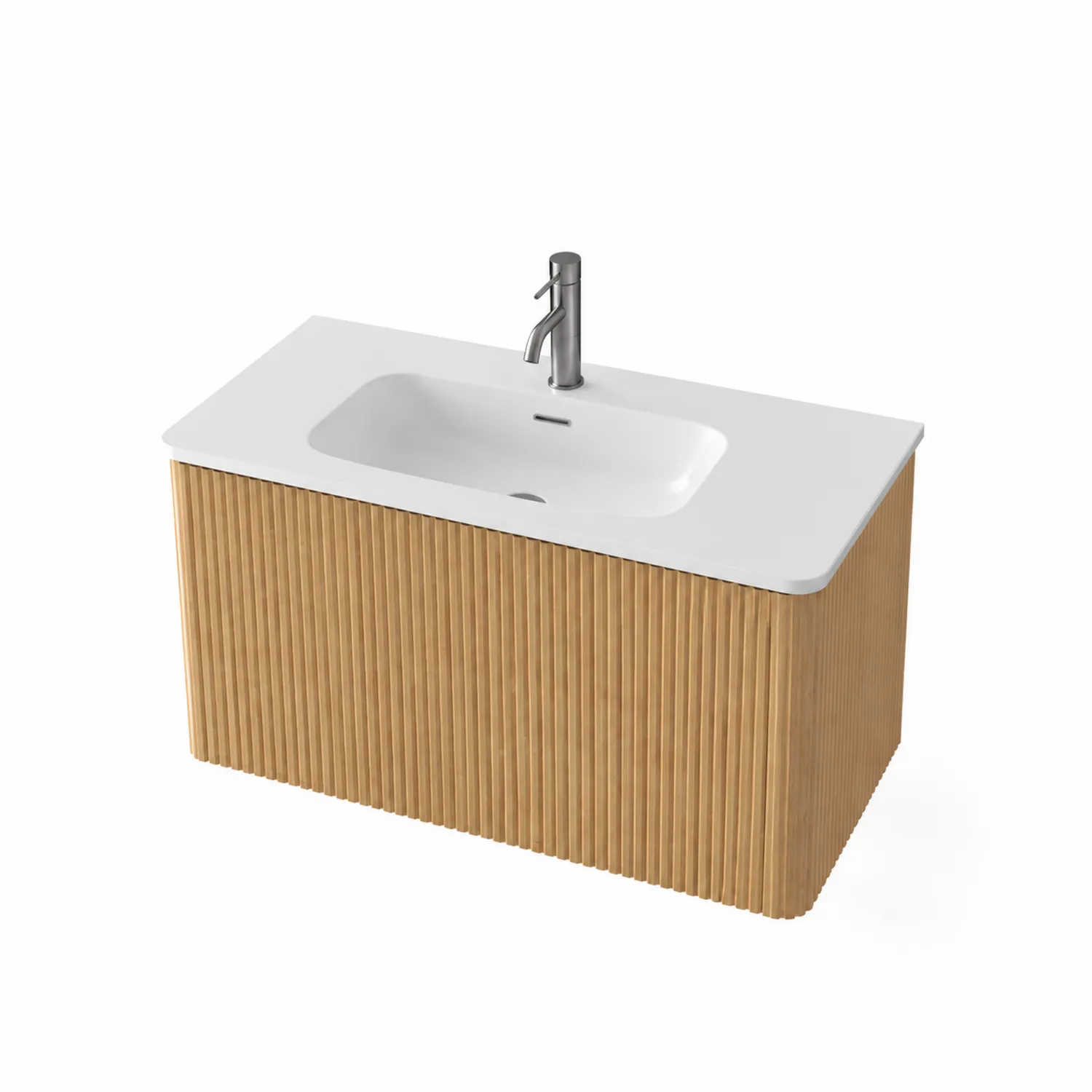 Mobile lavabo in legno e ceramica bianco e naturale con miscelatore