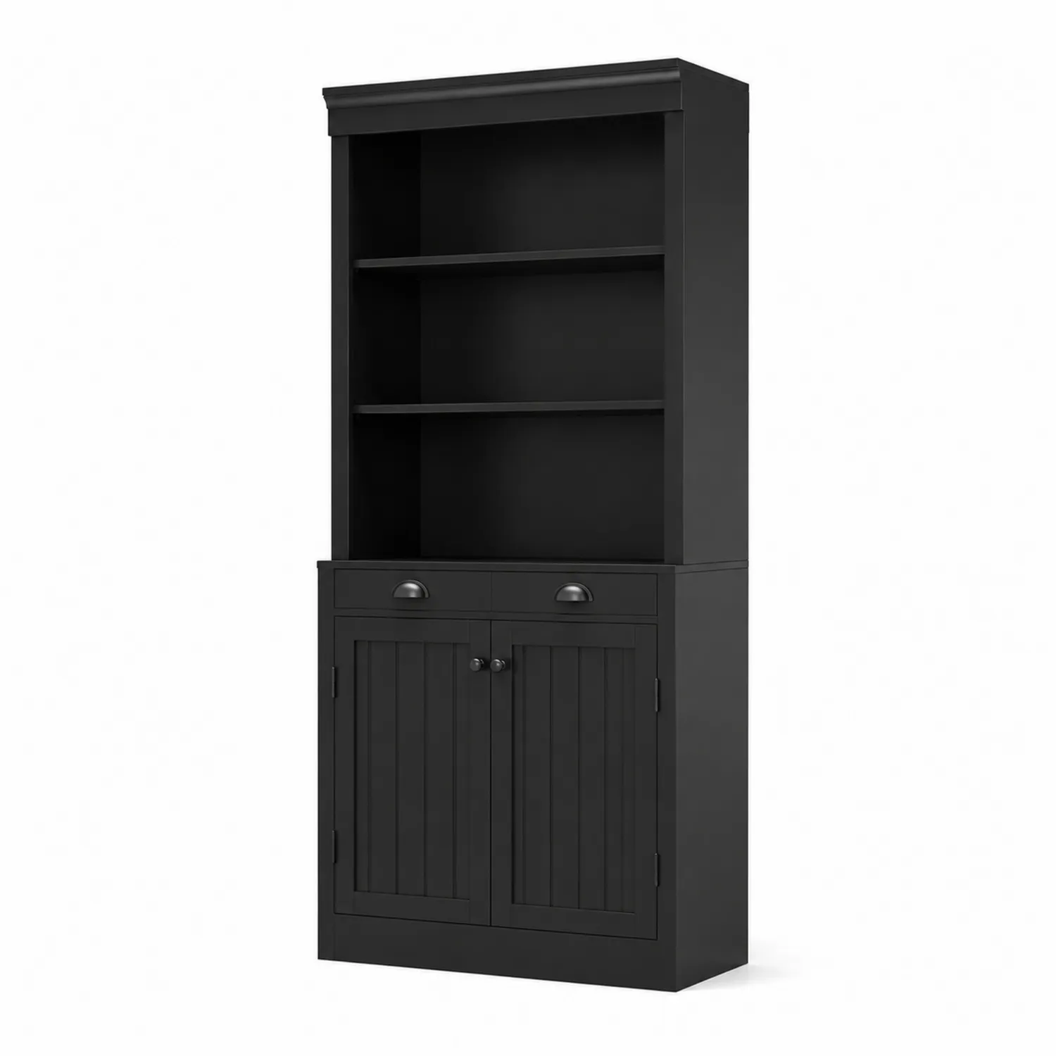 Libreria alta in legno nero con ripiani e ante