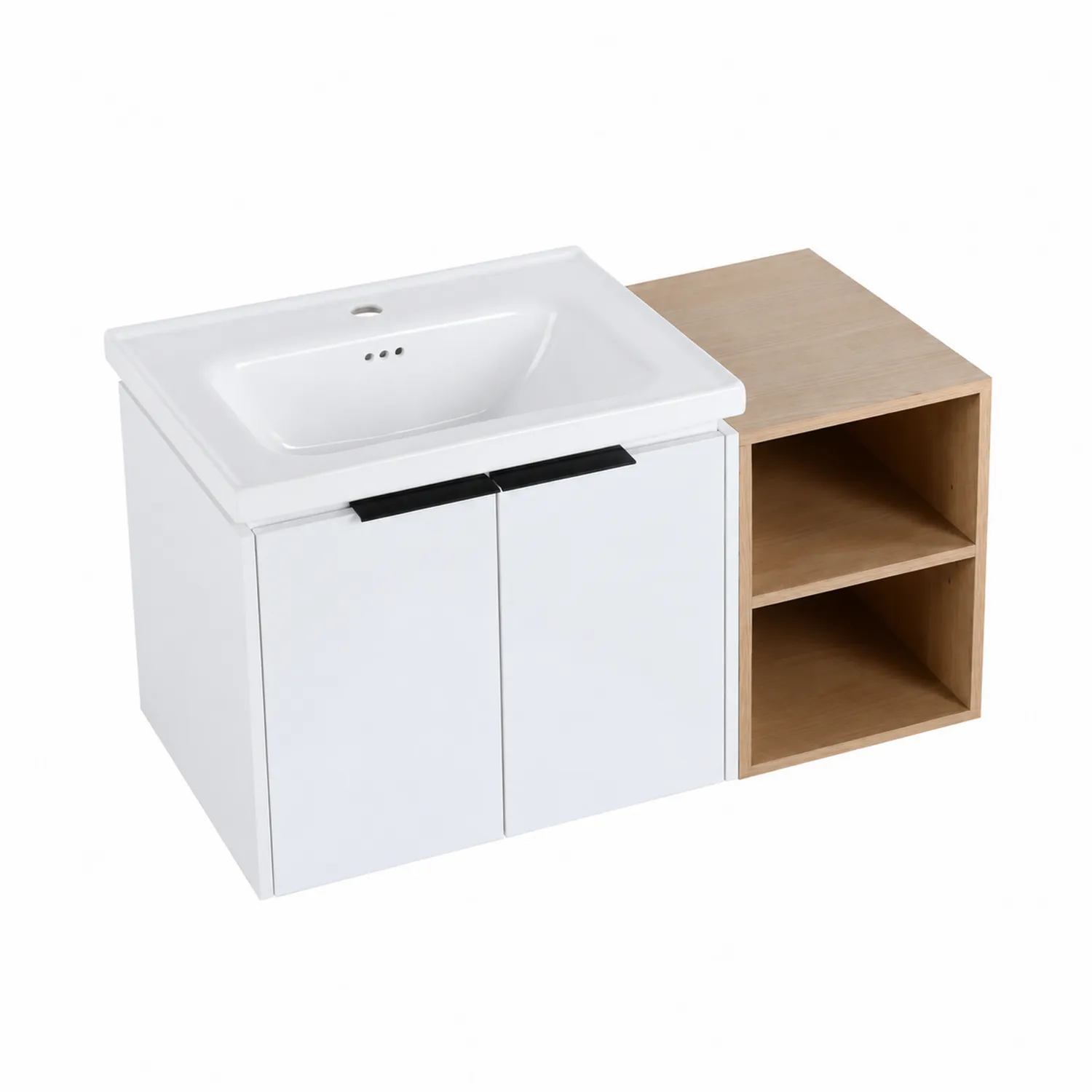 Mobile lavabo in ceramica bianca con mensola in legno compensato