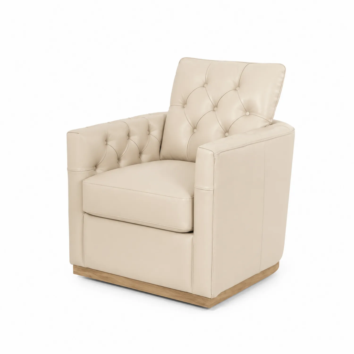 Poltrona in Pelle Sintetica Beige con Base in Legno