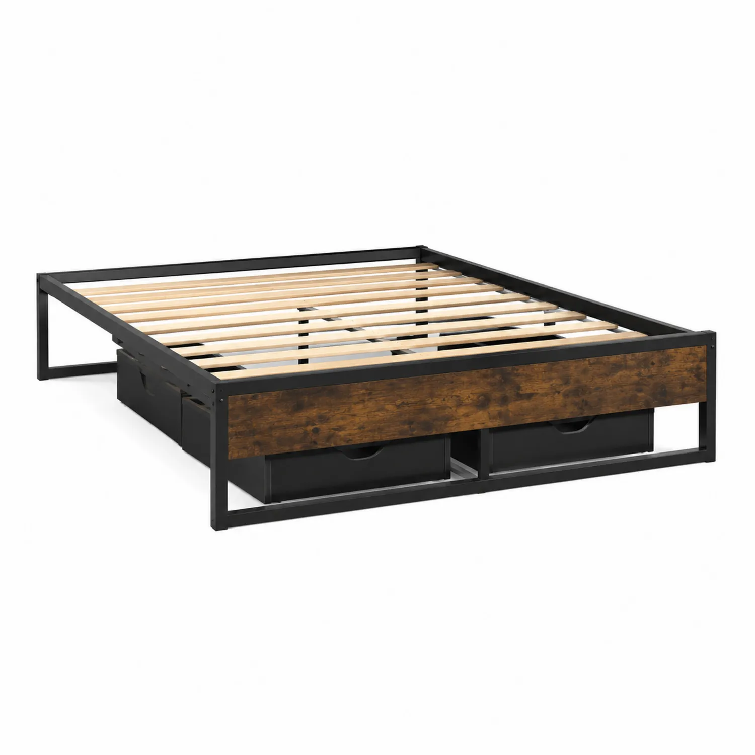 Letto matrimoniale in metallo e legno con cassetti, 196x146x35 cm, Nero/Marrone