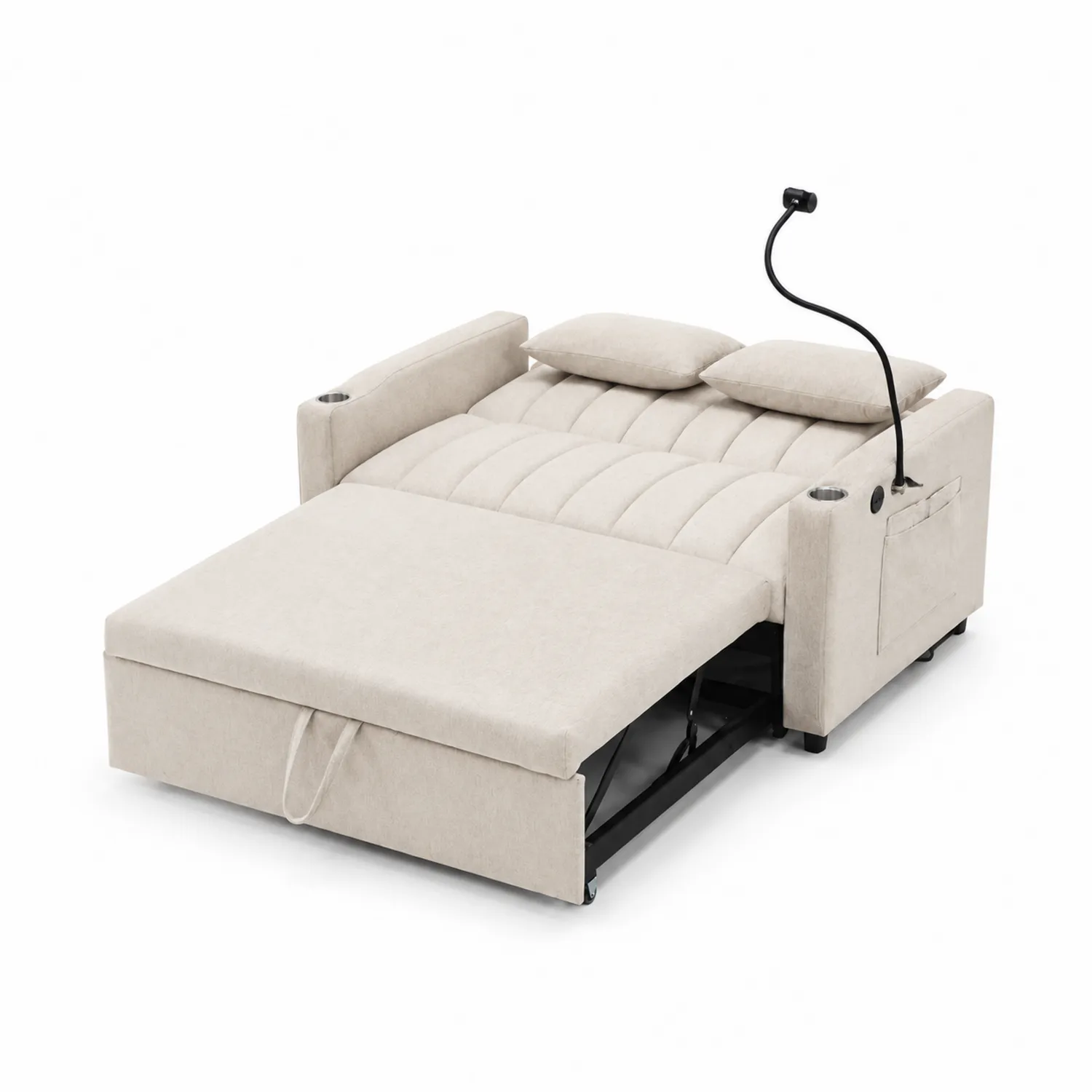 Divano Letto Convertibile in Tessuto Beige con Struttura in Metallo e Porta USB