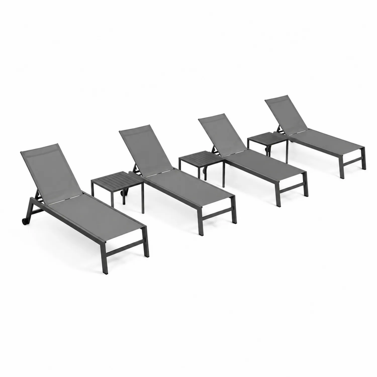Set di 4 Sdraio in Alluminio con Textilene Grigio e Tavolini