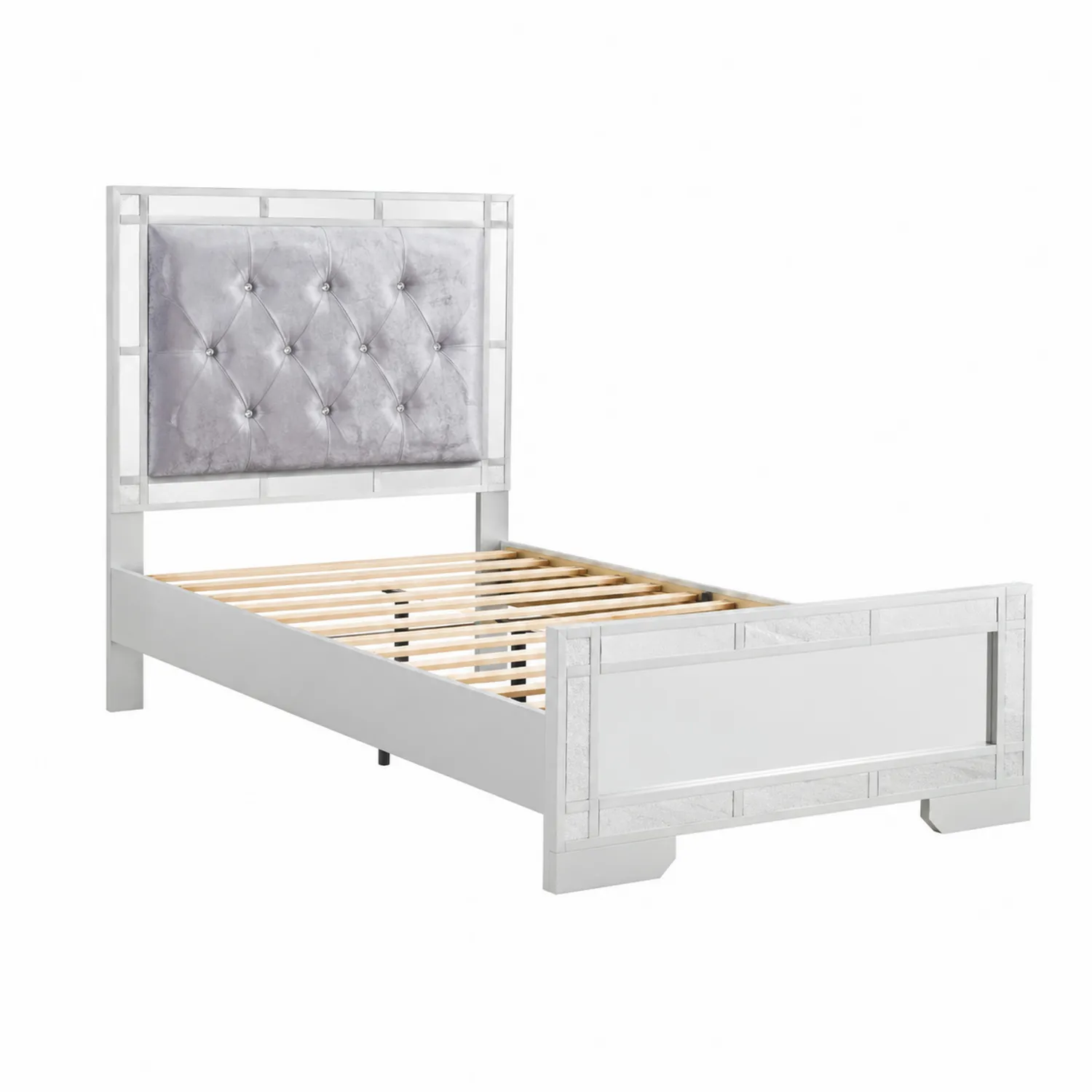 Letto singolo in legno con testiera in velluto e bottoni, 200x100x120 cm, Bianco/Grigio