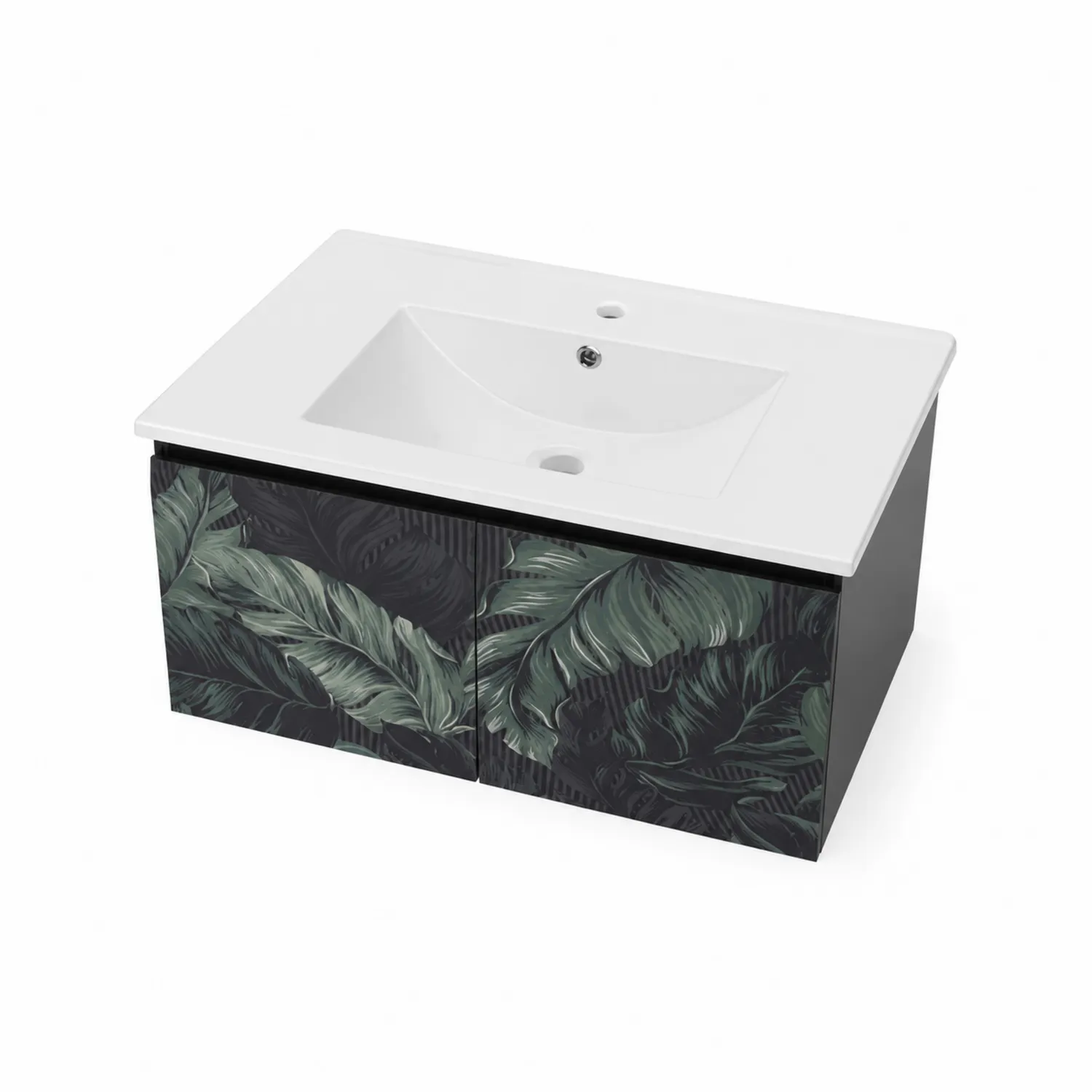 Mobile da bagno sospeso in MDF con lavabo in ceramica, motivo foglia, 80x55x35 cm