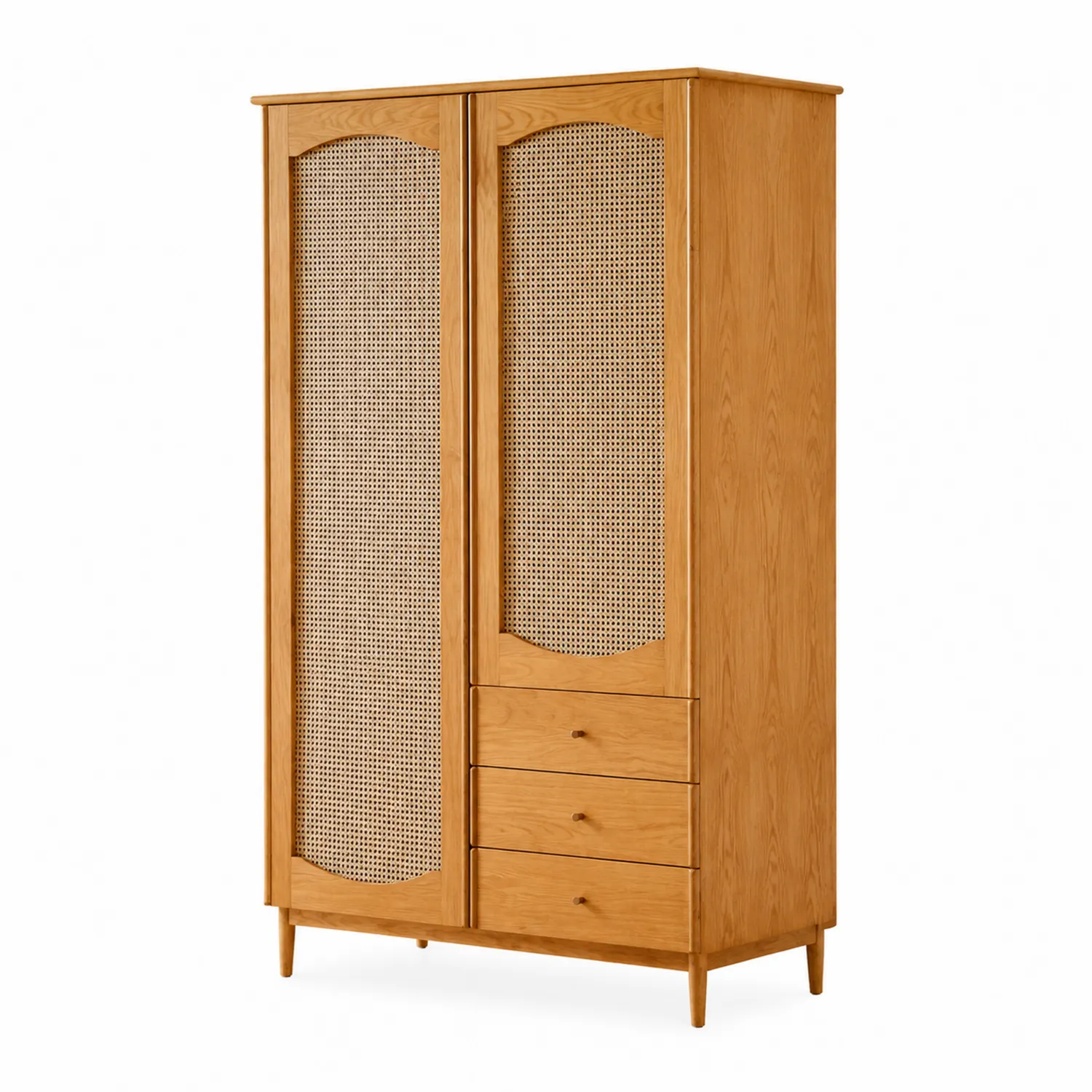 Armadio in Legno con Ante in Rattan e 3 Cassetti