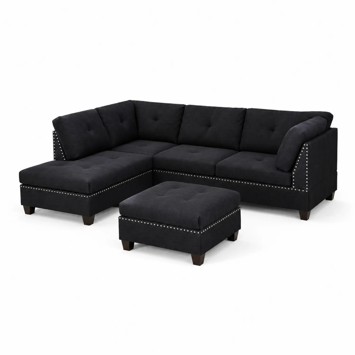 Divano angolare in tessuto nero con chaise longue e pouf