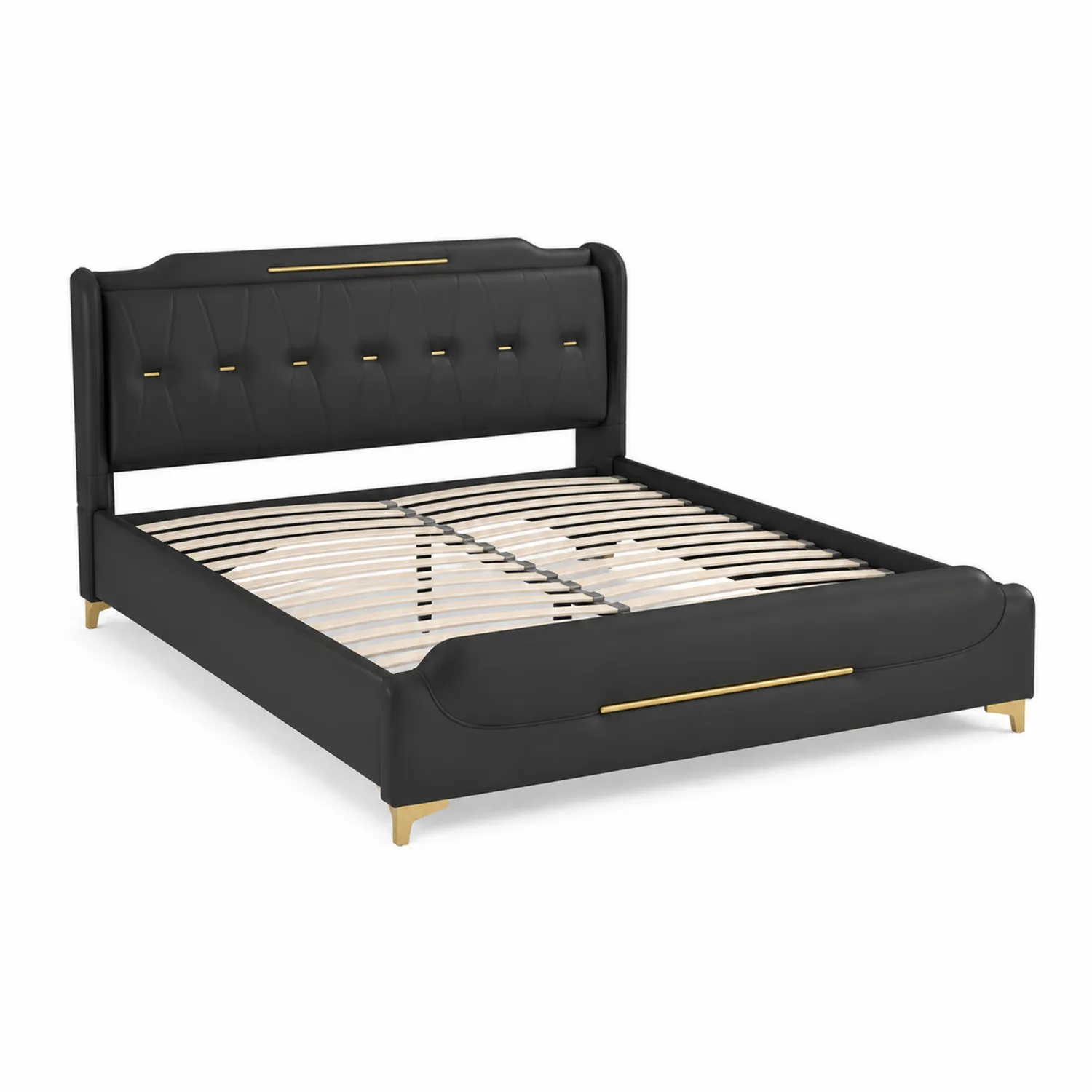 Letto matrimoniale in ecopelle nero con dettagli in metallo dorato