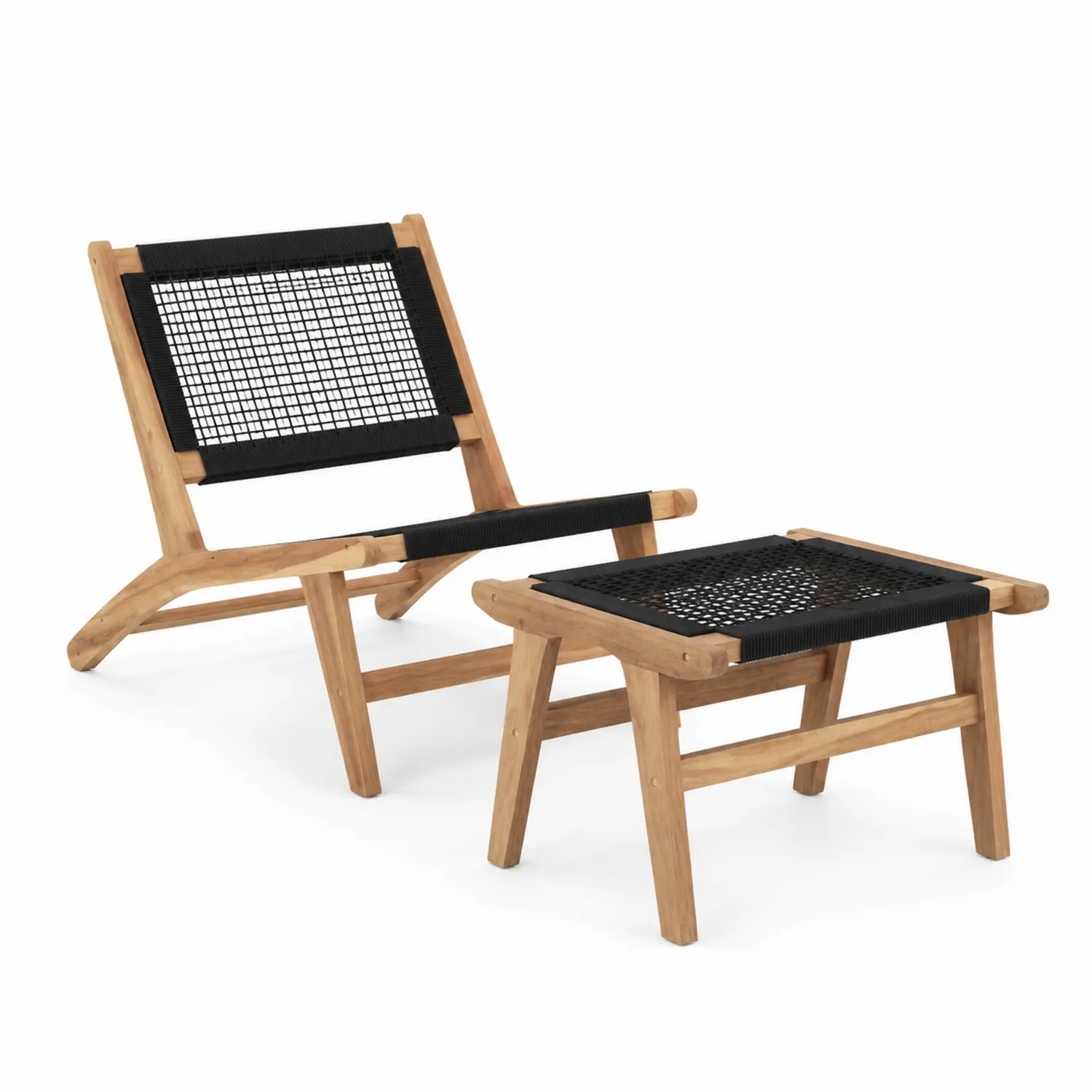 Sedia da spiaggia in legno di teak con poggiapiedi in rete nera