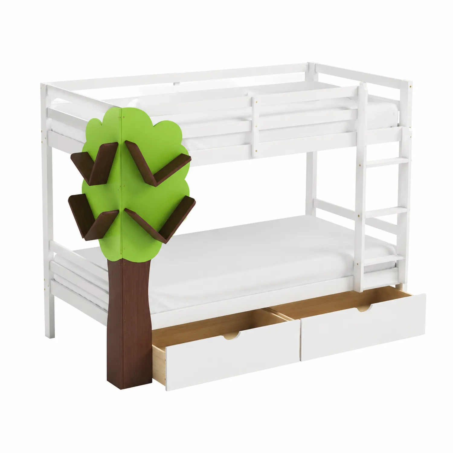 Letto a castello in legno con scaffale a forma di albero e cassetti