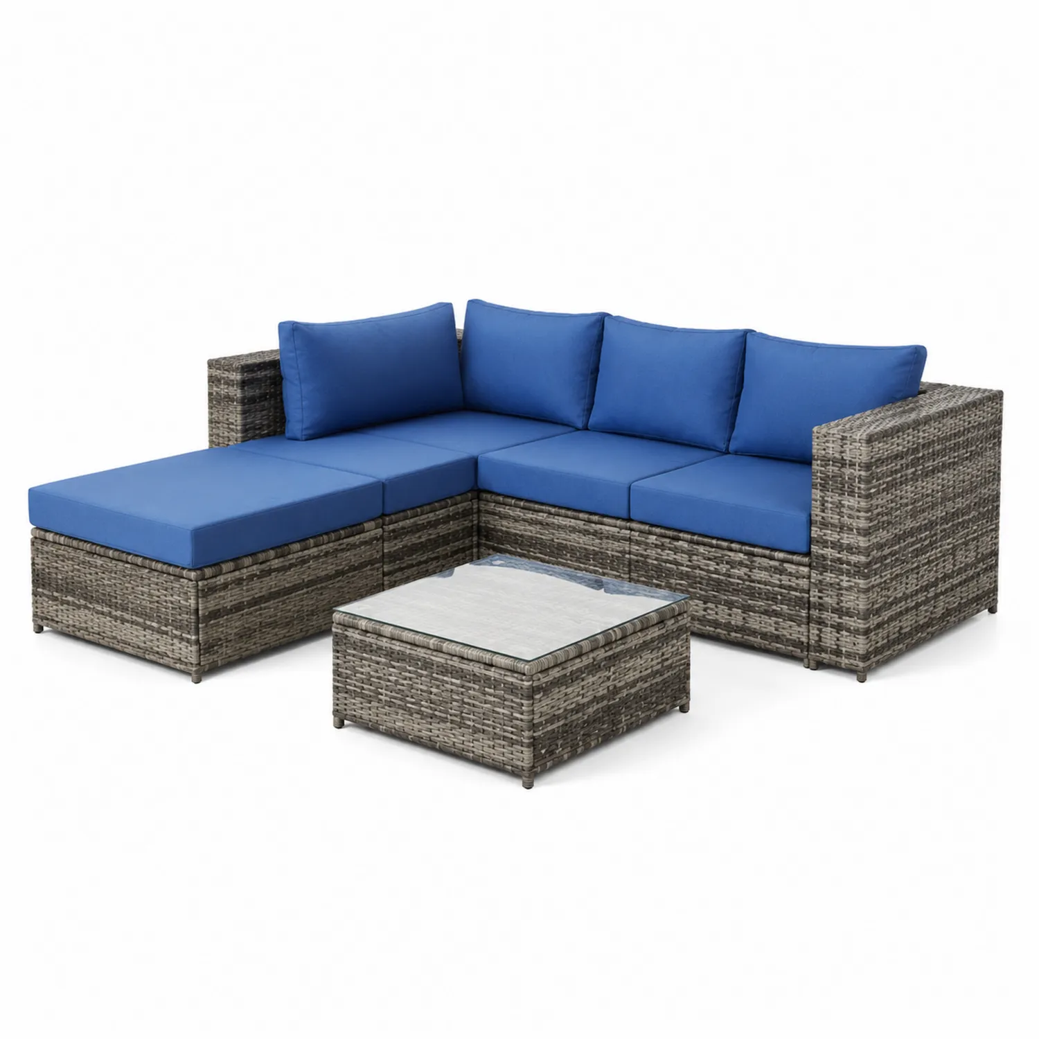 Set Divano da Giardino in Rattan con Cuscini Blu e Tavolino in Vetro