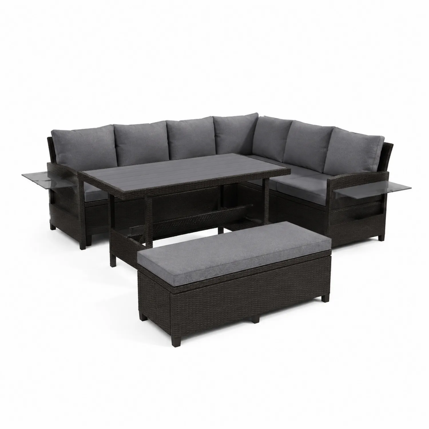 Set salotto da giardino in rattan con divano angolare, tavolo e panca, cuscini Grigi