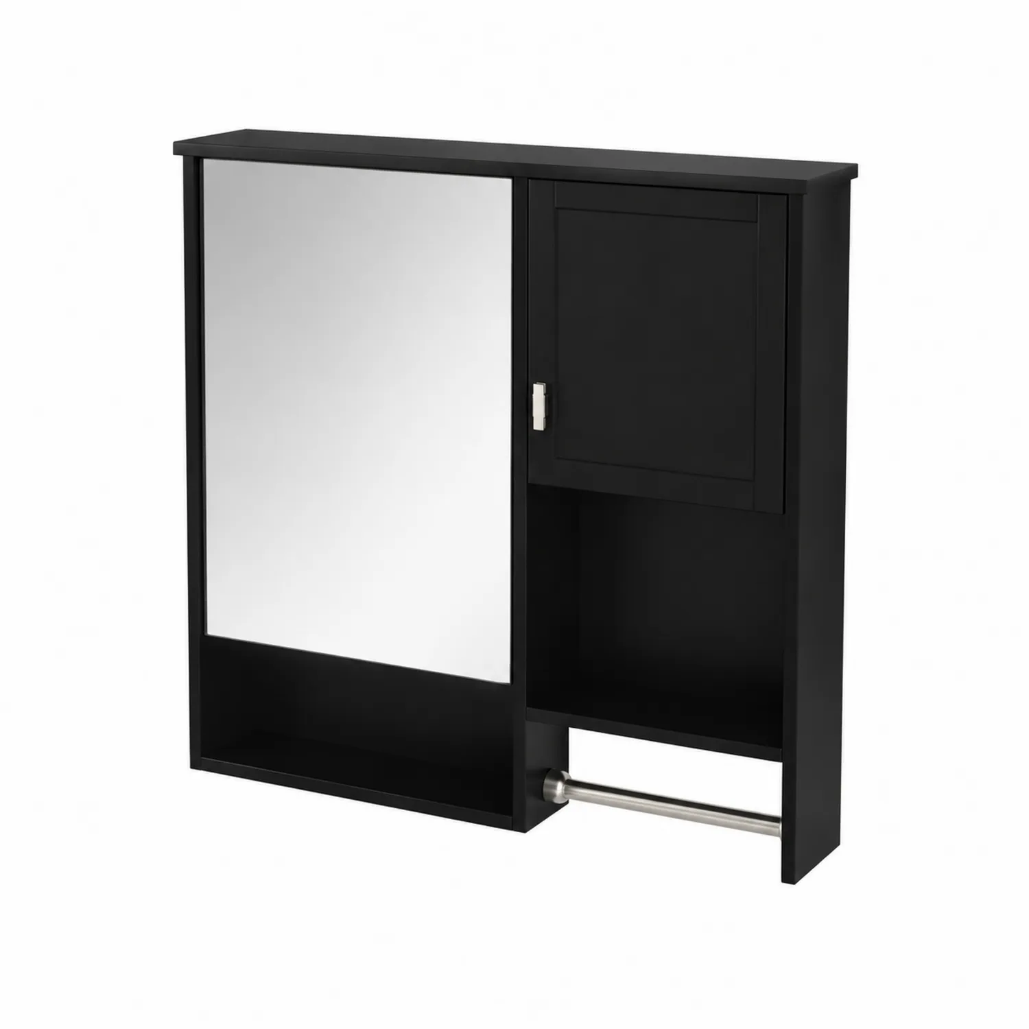 Specchio da bagno nero in MDF con ripiani e porta asciugamani