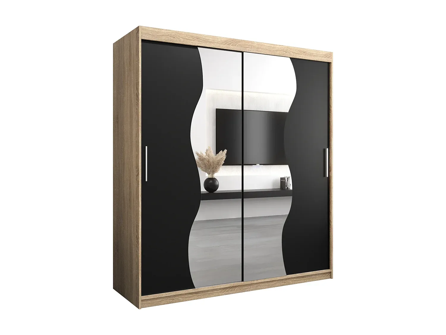Großer Schwebetürenschrank mit Sonoma Eiche und Schwarzem Design-COZYAVENA