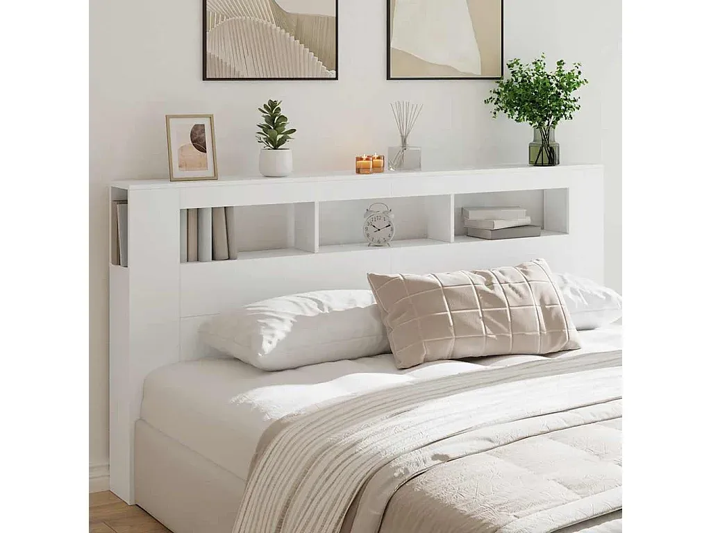 Modernes LED-Betthaupt aus Holzwerkstoff, Weiß, 200x18,5x103,5 cm-COZYAVENA