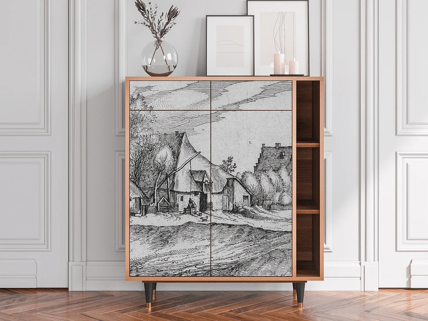 Rustikales Sideboard mit Walnussoptik, 96x110x41 cm-COZYAVENA