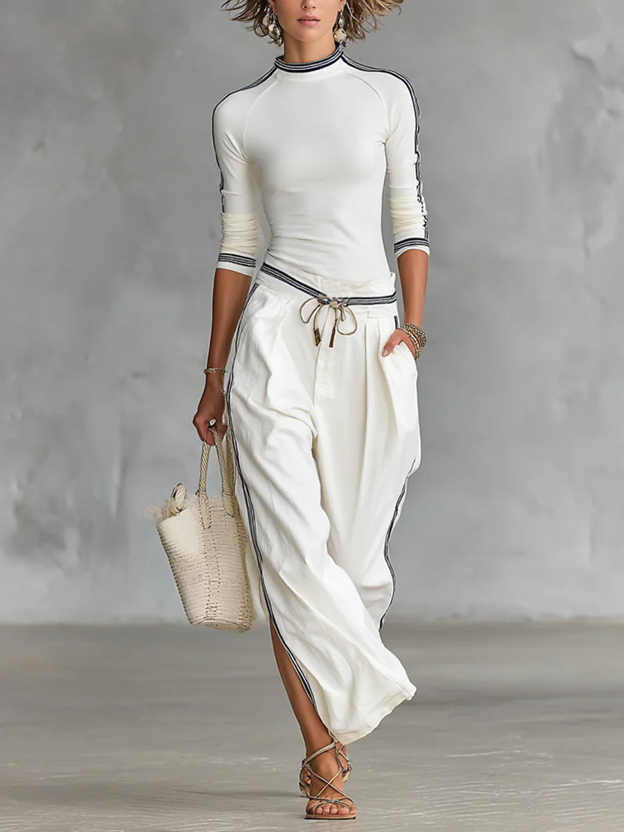Women’s Cozy Stretch Knit Top And Linen And Cotton Trousers Two-piece Set